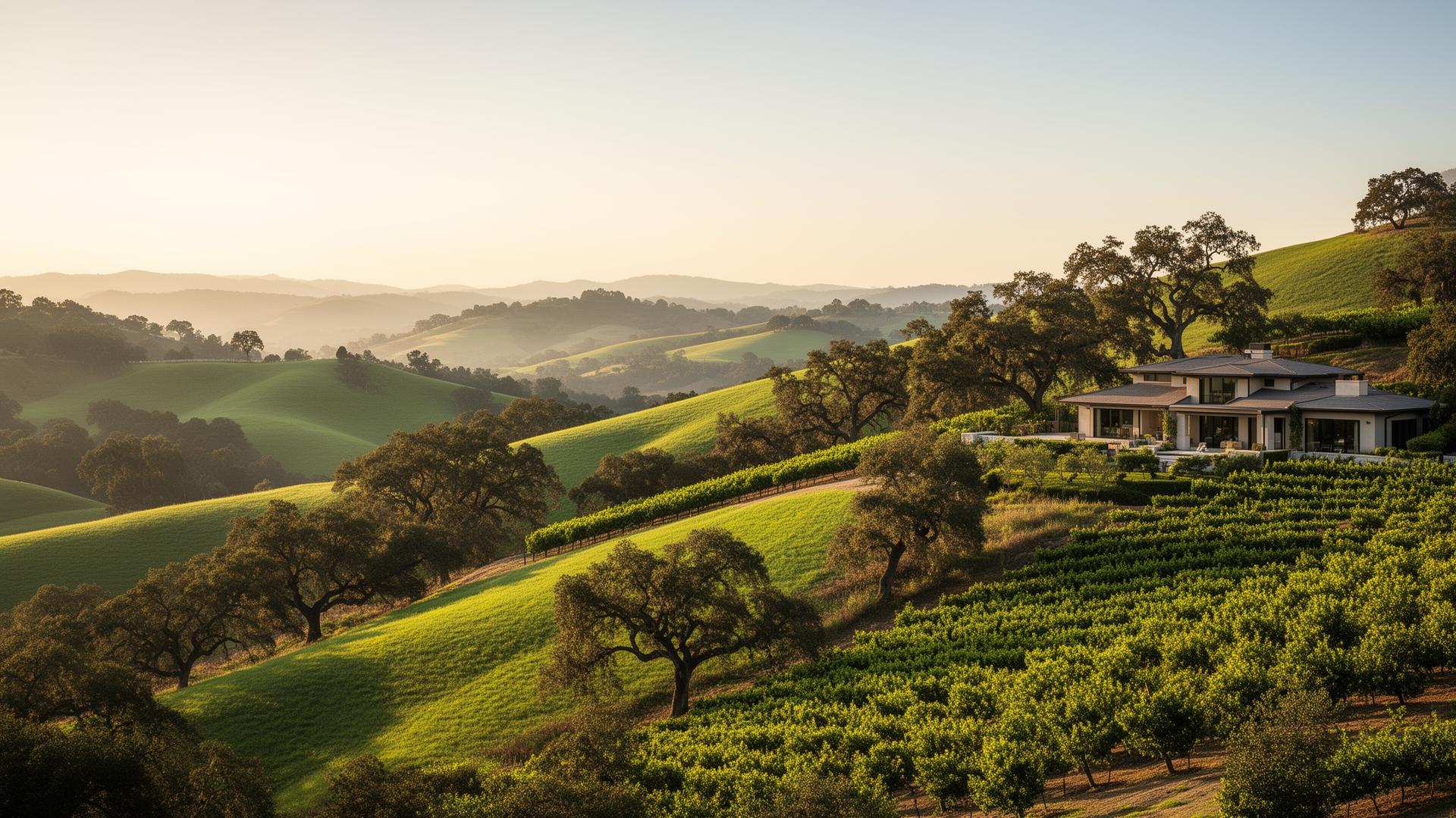 Rolling green hills of inland Orange County with hillside homes and mature trees at golden hour